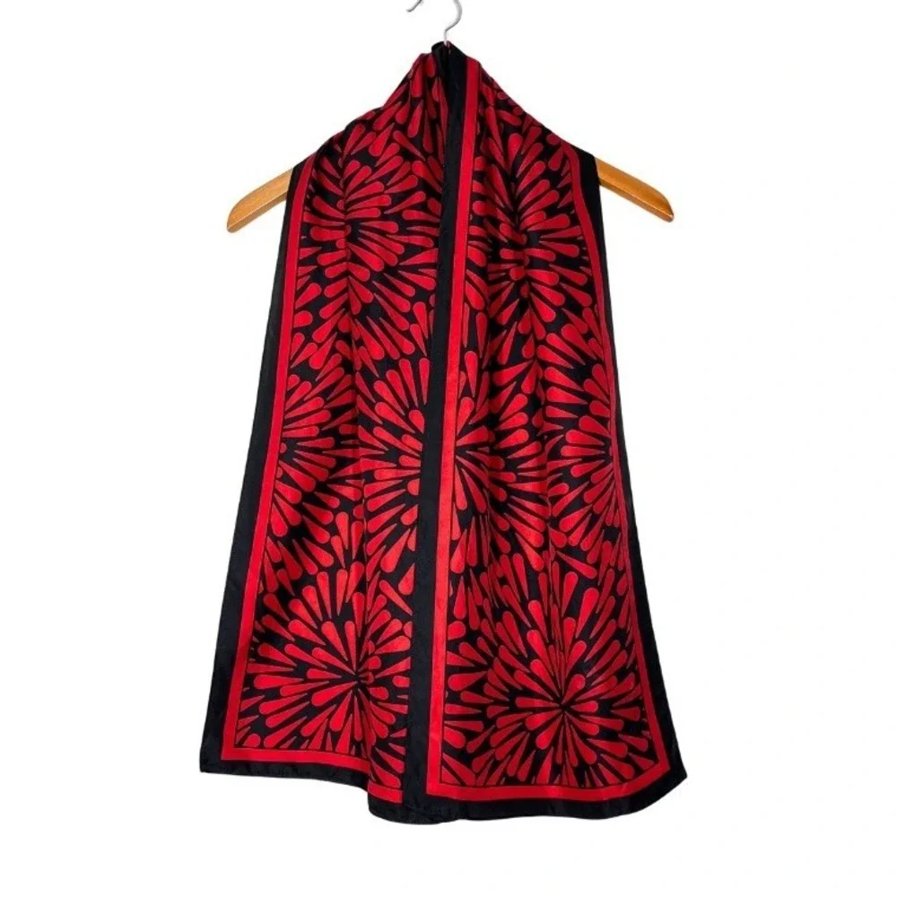 Talbots Red Black Silk Oblong Scarf Geometric Floral Burst Print 13x59 Classic
